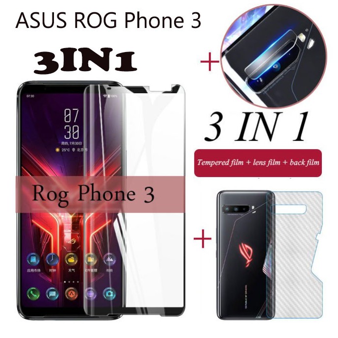 (3in1🏠 Asus ROG Phone 3 Strix ROG Phone 2 ROG Phone 5s Pro Phone 5 Ultimat Zenfone 8 Flip Full Screen Tempered Glass Film + เลนส ์ กล ้ องฟิล ์ ม + ฟิล ์ มด ้ านหลังคาร ์ บอนไฟเบอร ์