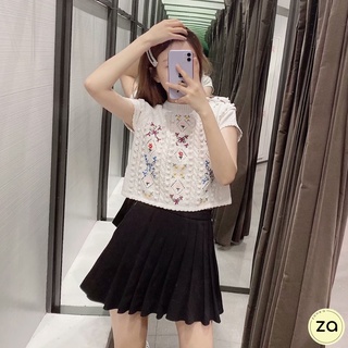 💥HOT SALE💥เสื้อไหมพรม ปักลายดอกไม้ คอกลมแขนสั้น