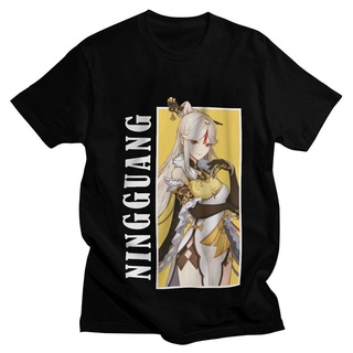 เสื้อยืดโอเวอร์ไซส์Ningguang Genshin Impact T Shirt Tops Japan Anime character Game cool summer black เสื้อยืดแขนสั้นผู้