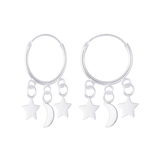 SILVER THAI 14mm Moon and star charms hoop earrings 3 dangle silverต่างหูห่วงทรงพระจันทร์และดาวใส่ออกงานก็ดูดีคะ