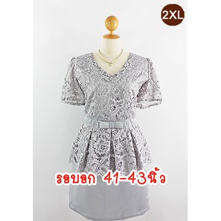 E2187-1-2XL-ชุดเดรสคนอ้วน สีเทา ผ้าลูกไม้คอร์ดคอตต้อนและผ้าไหมดัชเชส คอวี มีแขน ประดับโบว์ที่เอว