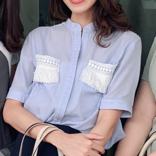 เสื้อ คอปกสั้นสีฟ้าอ่อน