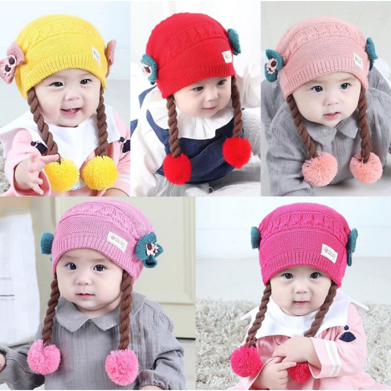 พร้อมส่ง หมวกไหมพรมเด็ก หมวกไหมพรมเปียกันหนาว ติดดอกไม้ สำหรับเด็ก 3เดือน-2 ปี