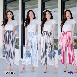 TW8882&gt;Set2ชิ้น เสื้อยืดครอปตัวสั้น เนื้อผ้าคอตตอน มาคู่กับกางเกงเอวสูงขายาว ทรงกระบอก มีซับในกางเกง พิมพ์ลายกราฟฟิก