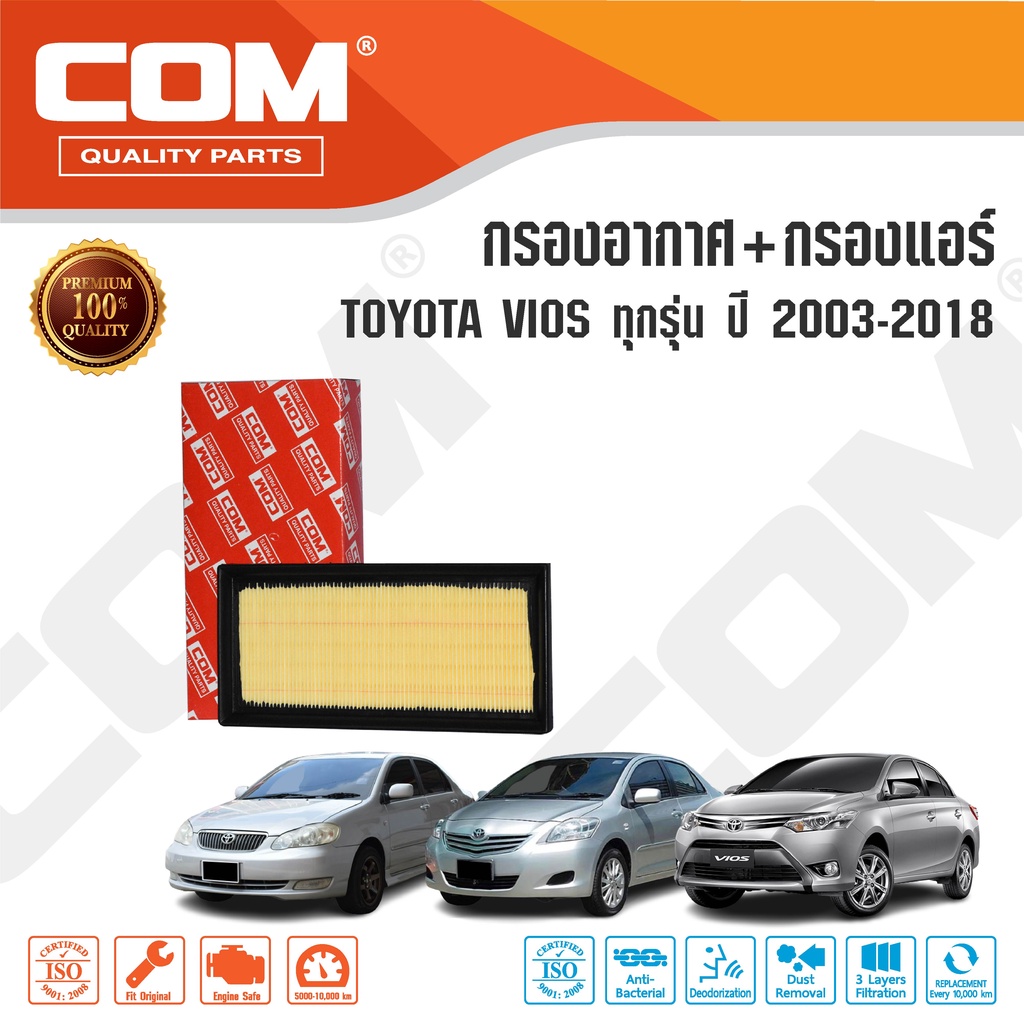 กรองอากาศ กรองแอร์ TOYOTA VIOS โตโยต้า วีออส 1.5 ปี 2003-2020, ไส้กรอง COM