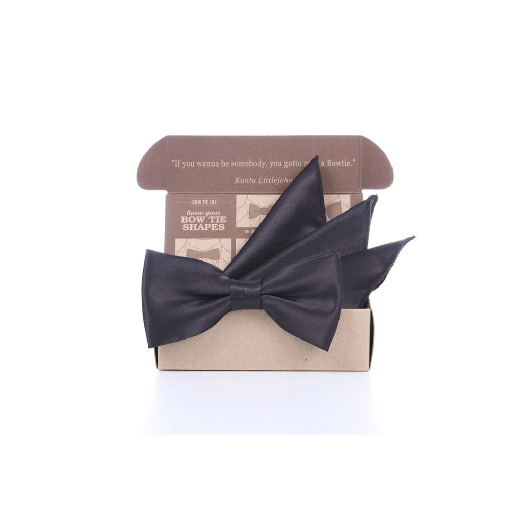 เซ็ทโบว์ไทดำผ้าSilk Satin+ ผ้าเช็ดหน้าสูท-Black Silk Satin Bowtie+ Pocket square set
