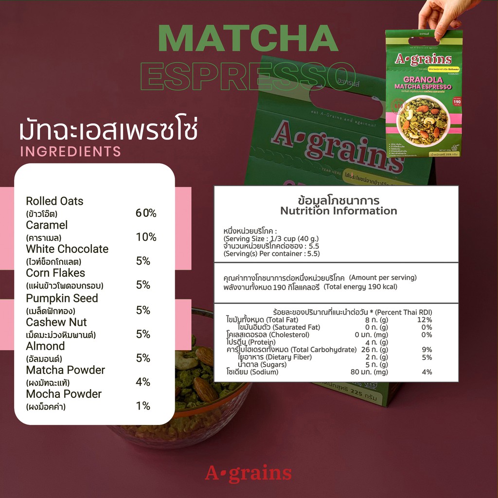 A-grains อะเกรนส์ กราโนล่า ธัญพืชอบกรอบ ถุงละ 225g. (เลือกรสที่ตัวเลือก)