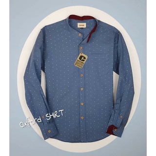 เสื้อเชิ้ตแขนยาว คอจีน ผ้า Oxford ลายอักษรจิ๋ว สีเทาอากาศ มีถึงไซส์ 4XL