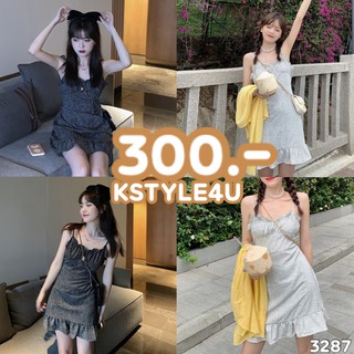 KSTYLE4U มินิเดรสสายเดี่ยว#3287 ลายจุด แต่งชายกระโปรง มีสายรัดเอว เสื้อผ้า เดรสสั้น เสื้อ