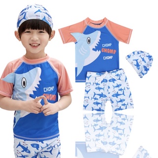 ชุดว่ายน้ำเด็ก Shark Chomp กันยูวี(3ชิ้น เสื้อ+กางเกง+หมวก)(SW189)