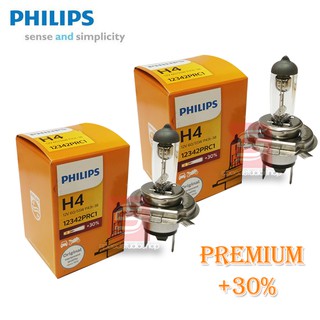 Philips หลอดไฟหน้า หลอดไฟรถยนต์ ไฟหน้า สว่างขึ้นกว่าเดิม premium +30% H4 60/55W 12V 1คู่