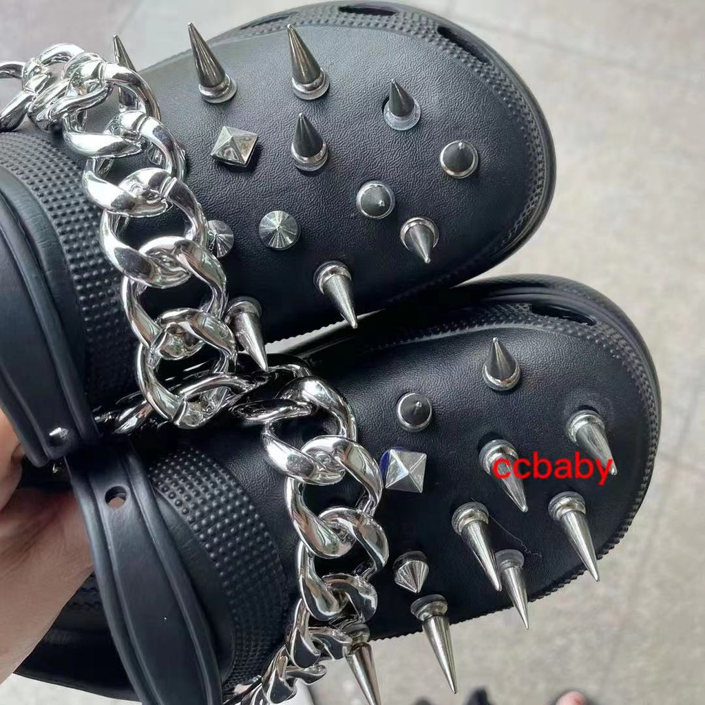 Punk สไตล์เงินหนา jibitz Chain Rivets รองเท้าแตะ jibitz ชุดสําหรับผู้หญิง DIY รองเท้า charms อุปกรณ์