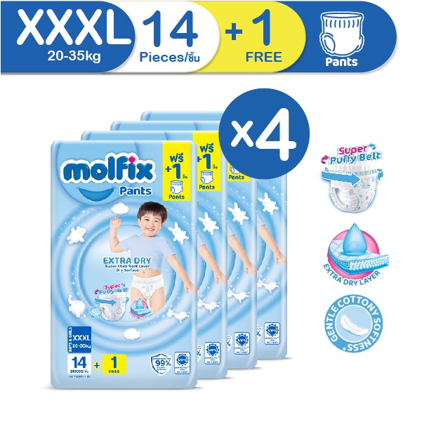 Molfix กางเกงผ้าอ้อมโมลฟิกซ์ เอ็กซ์ตร้า ดราย แพ้นส์ 3XL 14+1 ชิ้น x4 (ยกลัง)