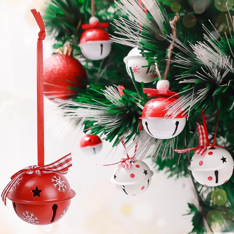 12 ชิ้น Xmas Tree Jingle Bells น่ารัก Bell จี้แขวนเครื่องประดับสีแดงสีขาว Hollow ดาว Dot Snowflake Bowknot เทศกาลตกแต่งงานฝีมือ