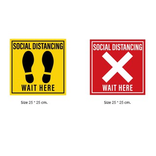 ภาษาอังกฤษสติกเกอร์เว้นระยะห่าง รอคิว  Social Distancing Wait Here ขนาด25*25 cm.