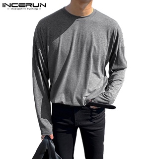 Incerun เสื้อยืดลําลองสําหรับผู้ชายแขนยาวสีพื้นทรงหลวมสไตล์เรียบง่าย