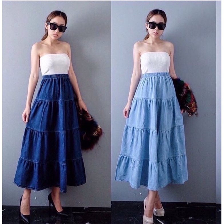 กระโปรงยีนส์ยาว สุดชิค แต่งชั้นๆ เอวยางยืด ใส่สบาย (4ชั้น) #NN4