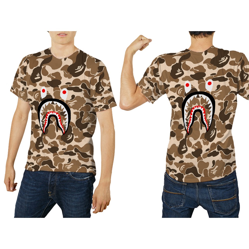 เสื้อยืดแขนสั้นผู้ชาย Design A BATHING APE BAPE SHARK BROWN 3D Full Print Sublimation