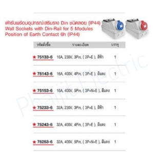Haco 75133-6 Wall Sockets With DIN-Rail-IP44(เต้ารับพร้อมอุปกรณ์ เสริมราง DIN ชนิดลอย) 16A, 400V, 4Pin ( 2P+E)