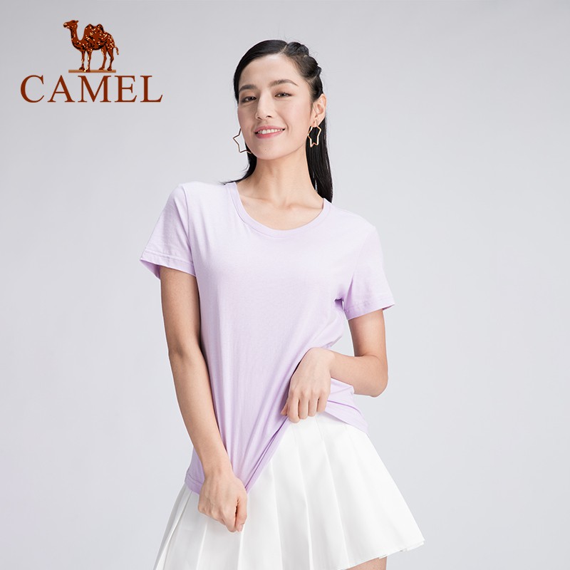 Camel เสื้อยืดกีฬา ผ้าฝ้ายแท้ แขนห้าส่วน ทรงหลวม สําหรับผู้หญิง