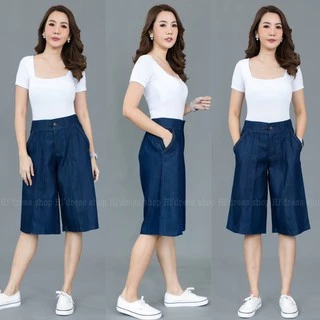 กางเกง 4 ส่วนยีนส์เทียมสลาฟเนื้อผ้านิ่มไม่หนาใส่สบาย ตีเกล็ดด้านหน้า ถักเปียขอบกระเป๋ากางเกง ใส่สบาย