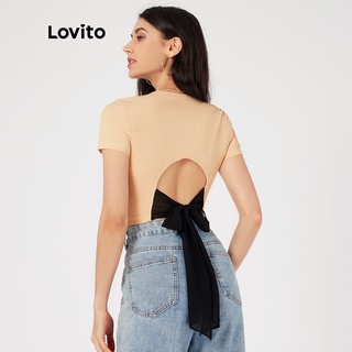 Lovito เสื้อยืดลําลอง แขนสั้น พิมพ์ลาย Colorblock Tie Back Daily Basic L23LD007 (สีแอปริคอท)