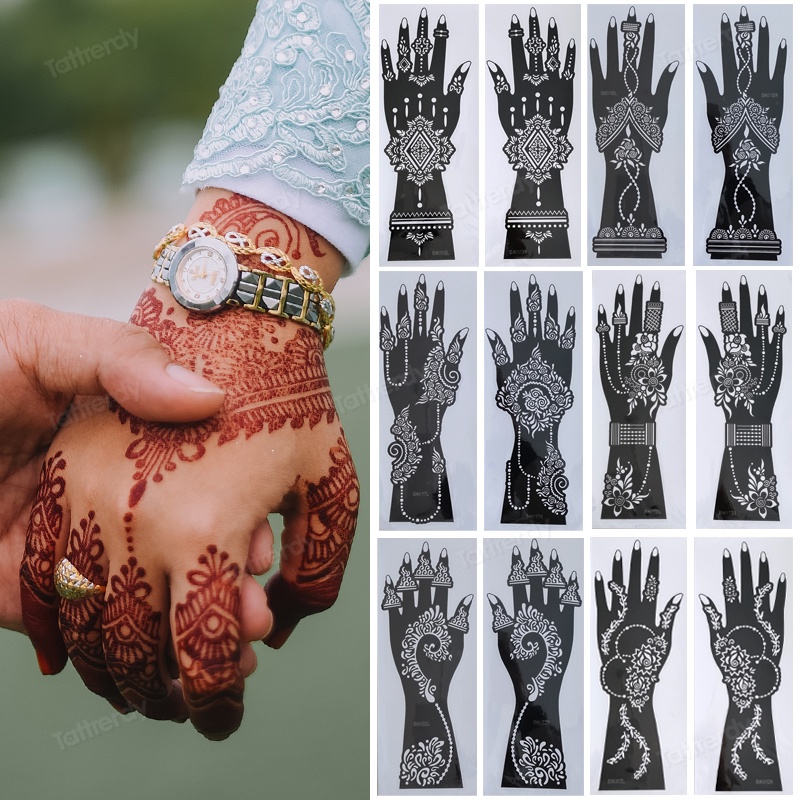 2 ชิ้นอินเดีย Mehndi มือ Henna Tattoo Stencils ภาพวาดนํากลับมาใช้ใหม่ Stencil Art รอยสักชั่วคราวแม่แบบแขนงานแต่งงานเจ้าสาวความงาม