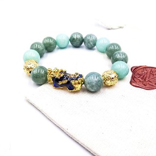 กำไลข้อมือหยกพม่า + Amazonite และปี่เซียะ 5 ธาตุ ขนาด 12 มิล