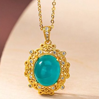 PANAOBEN🖤New S925 Silver Inlaid Natural Tianhe Stone Crystal Oval Pendant Necklace Chinese Palace Style Hollow Pattern Womens Brand Jewelry Accessories Necklace Men Women With Chain Extension Pendants Couple Korean Fashion Charm Heart String Butterfly