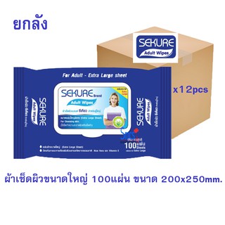 ยกลัง SEKURE ผ้าเช็ดผิวสำหรับผู้ใหญ่  ทิชชู่เปียก (100แผ่น/แพค) 12แพค