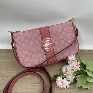 (ผ่อน0%) กระเป๋าสะพายข้าง Coach LONNIE BAGUETTE IN SIGNATURE JACQUARD (COACH C8306) GOLD/TAFFY ลายซี สีชมพู สะพายไหล่