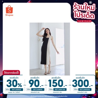 (ลด150 ใส่ DETJAN150) Basic Two-Tone Dress เดรสยาวแขนกุด สีดำ-เบจ