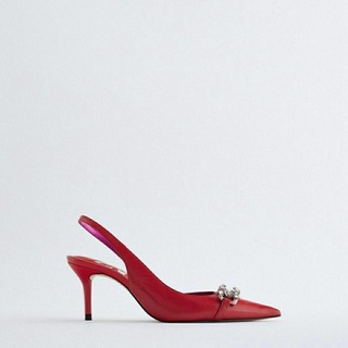 Zara ใหม่ รองเท้าส้นสูง หนังแกะเทียม หัวแหลม สีแดง เครื่องประดับ สําหรับผู้หญิง 2021