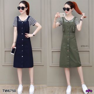 Set 2ชิ้น เสื้อคอกลมแขนสั้น+กระโปรงยาวทรงเอี๊อม