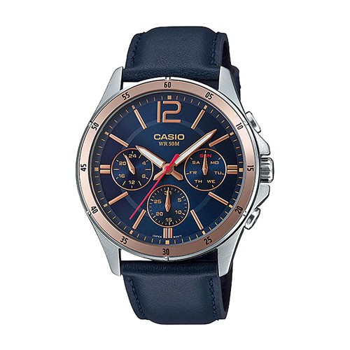 Casio นาฬิกาผู้ชาย สายหนังสีน้ำเงิน Gent sport รุ่น MTP-1374L,MTP-1374L-2A,MTP-1374L-2AVDF