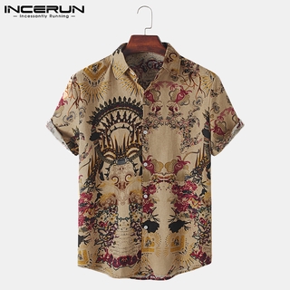 Incerun เสื้อเชิ้ตผ้าฝ้ายแขนสั้นพิมพ์ลายสไตล์ชนเผ่าสําหรับบุรุษ