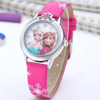 READY STOCK Girls Elsa Anna Princess Kids Watches Leather Strap Cute Childrens Cartoon Wristwatches