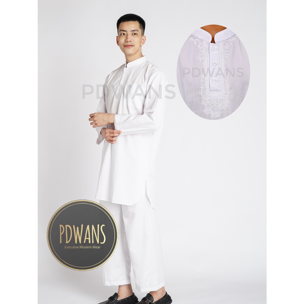 สีขาวผู้ใหญ่ PAKISTAN SUIT ผู้ชายมุสลิมปัก Koko เสื้อ UMROH CLOTHES ML XL BGM04D - PDWANS