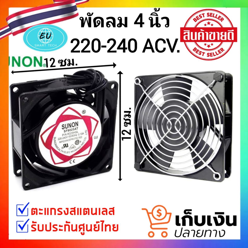 พัดลม 12*12ซม.ใบ4นิ้วSNUON พัดลมระบายความร้อน ระบายอากาศ ใช้ไฟบ้าน AC220V-240V 2สาย พัดลมตู้RACK