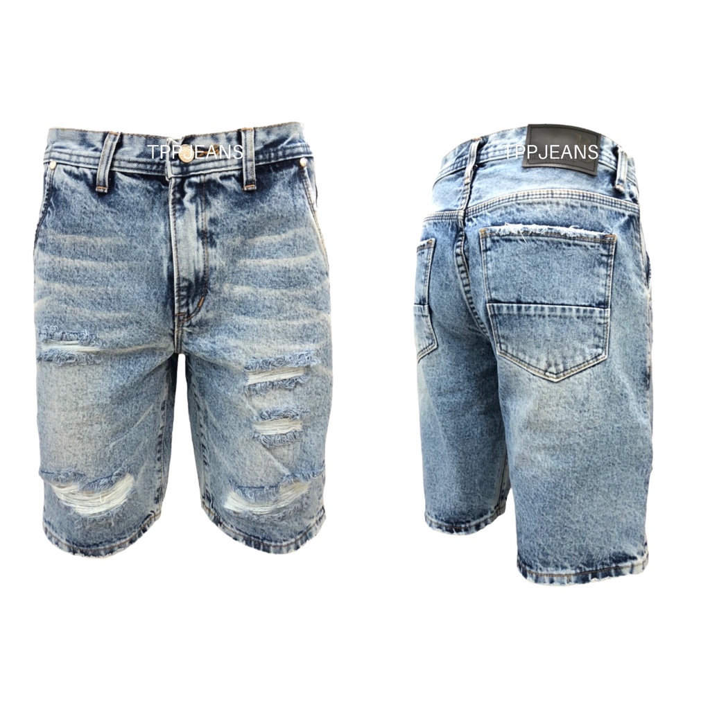 JEANSEXPRESS LightBlue Shorts กางเกงยีนส์ขาสั้นเหนือเข่าขาดเซอร์ เป๋าเฉียง สีบลูฟอกซีด เป้าซิป Size 28-36 รับชำระปลายทาง