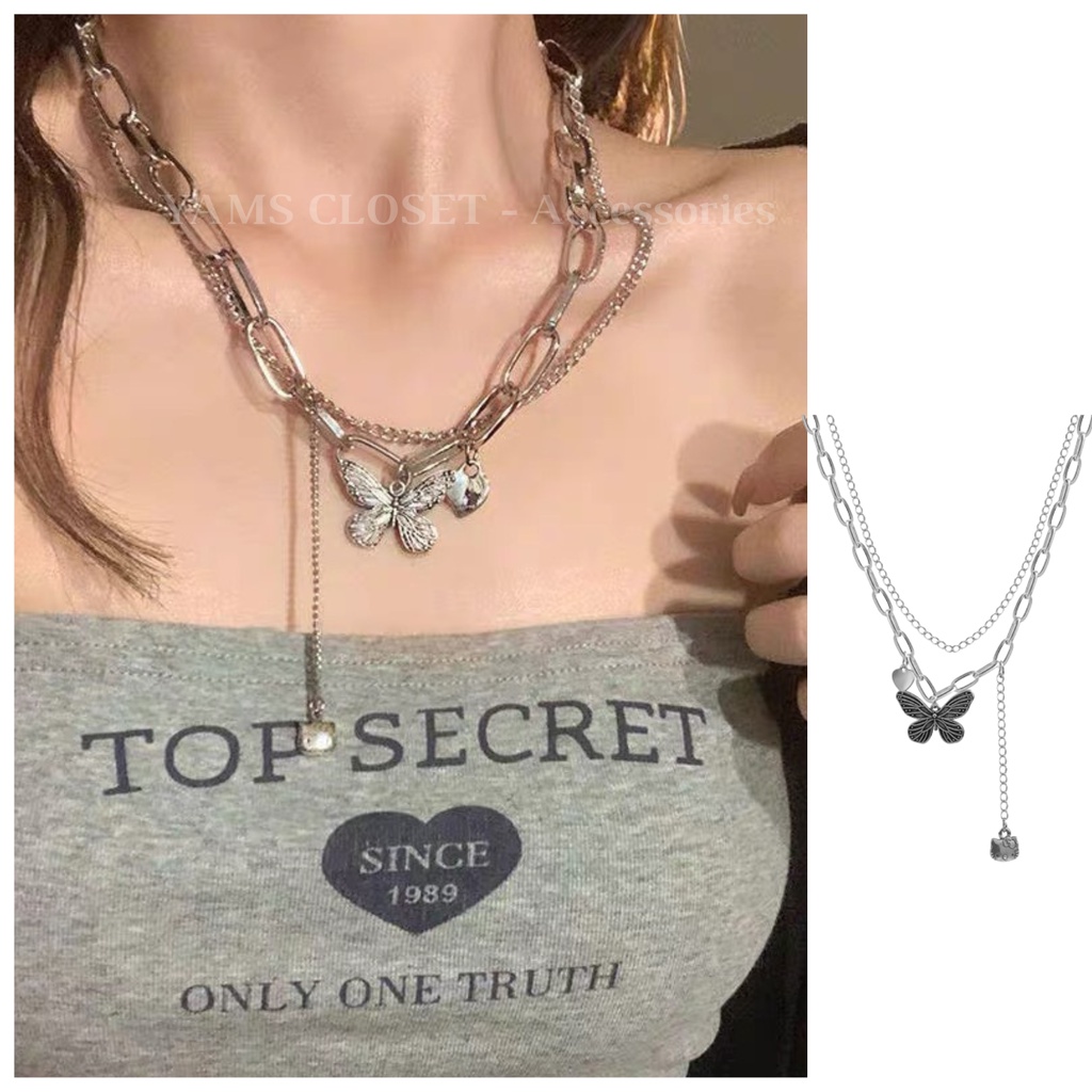 Swag silver สร้อยคอโชคเกอร์ผีเสื้อ 2 ชั้นสําหรับผู้หญิง