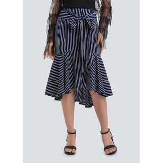 กระโปรงลายทาง ดีเทลระบายๆ มีเชือกผูกเก๋ๆ Formal Striped Asymmetrical Hem Skirt