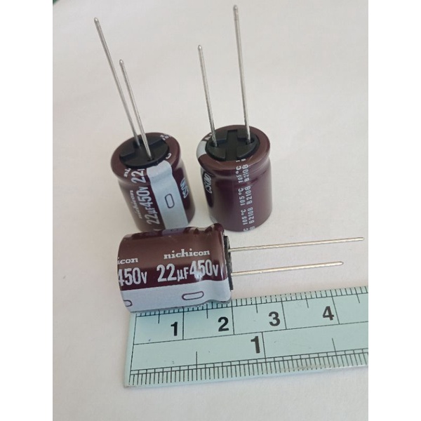 22UF 450V คาปาซิเตอร์ nichicon ญี่ปุ่นทนร้อน105C เกรดอย่างดี (แพ็ค5ตัว) 16x21mm แท้ใหม่แกะกล่อง