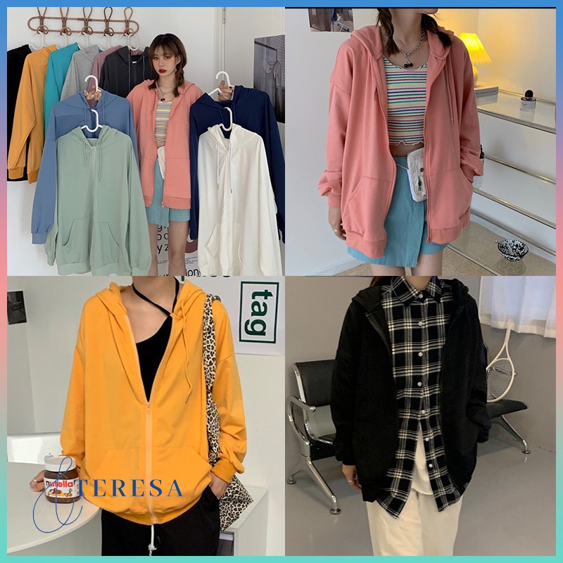 เสื้อกันหนาวผู้หญิง Hoodie แขนยาวสไตล์เกาหลีแขนยาวซิปด้านหน้าแขนยาว