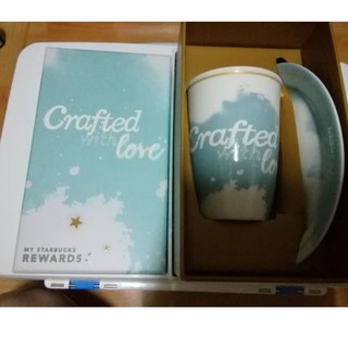 Starbucks แก้วพร้อมจานรองสีฟ้าลาย Crafted with Love ครบชุด