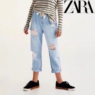 [ของแท้] ZARA Mid-Waist Ripped Jeans กางเกงยีนส์ ทรงบอย แบรนด์ ซาร่า แต่งขาด