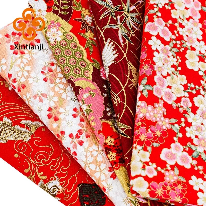 Flora Kimono Bronzed ผ้าสีแดงสไตล์ญี่ปุ่นดอกไม้รูปแบบผ้าสําหรับชุดและ Patchwork Home Textile วัสดุ TJ8692