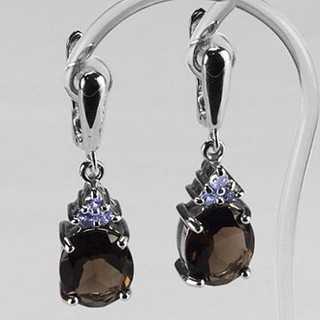 MT ต่างหูพลอยแท้  สโมกี้ควอทซ์ (Smoky Quartz) แทนซาไนท์(Tanzanite) ตัวเรือนเงินแท้ ชุบทองคำขาว Natural Gemstone Sterling Silver Earrings (ge302) : มณีธาราMTJewelry