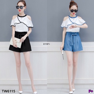 👗Pfashion [ส่งไว!!🚛] P6115 Set 2 ชิ้น เสื้อเว้าไห่ล+กางเกงขาสั้นผูกโบว์  Set of 2 pieces. Off-the-shoulder top