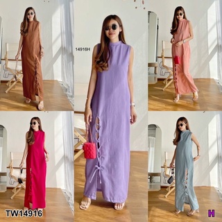 🌟💜เดรสเที่ยว ไปคาเฟ่ Maxi Dress เดรสยาว แขนกุด ชายผ่าหน้าแต่งร้อยเชือก มีซิปหลัง มีกระเป๋าข้าง